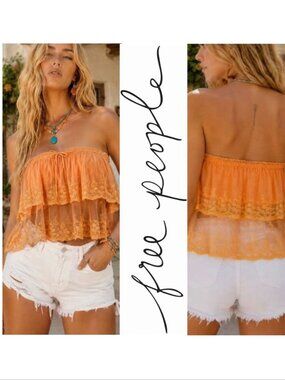 FREE PEOPLE Love You So Lace Tube TOP Size L Sheer Embroidered Tiered Ruffle NEW